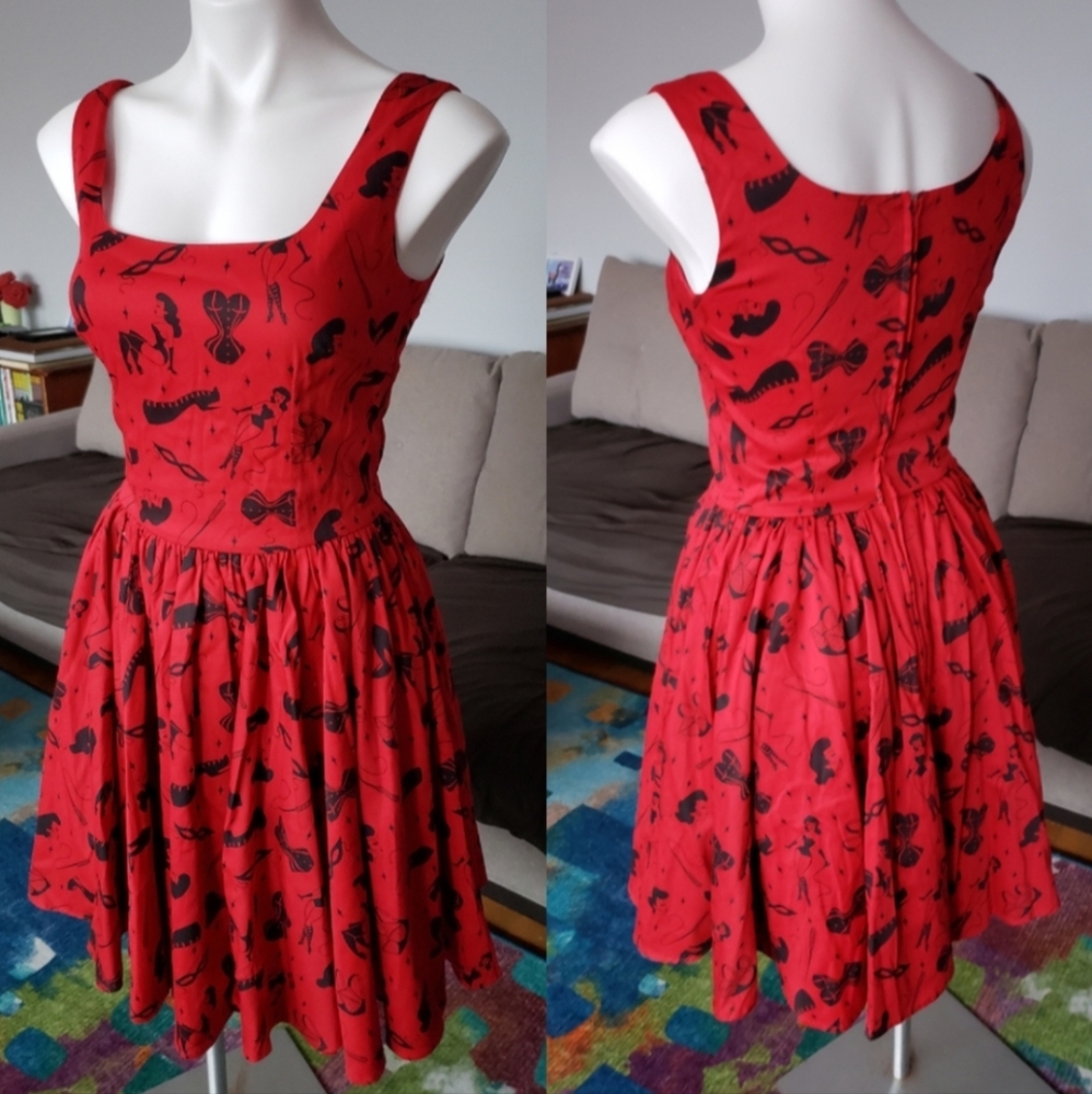 Laura Byrnes Pinup Couture Fetish Print Lana Dress in Red and Black size S
